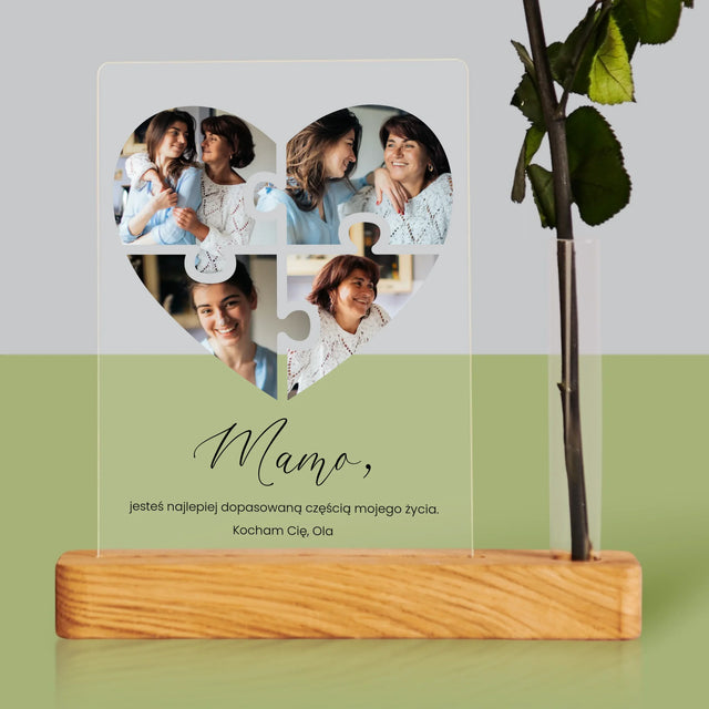 Fotokolaż: Puzzle Serce Dla Mamy - Wydruk Na Szkle Akrylowym z Różą