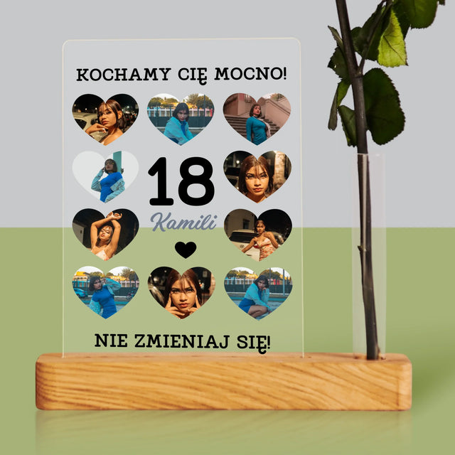 Fotokolaż: 18 Serca - Wydruk Na Szkle Akrylowym z Różą