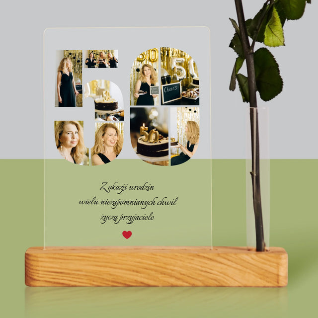 Kształt Ze Zdjęć: 50 Urodziny Życzenia - Wydruk Na Szkle Akrylowym z Różą