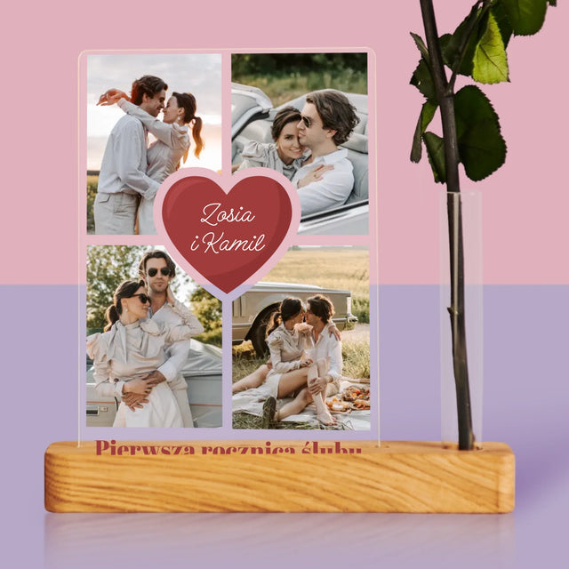 Fotokolaż: Pierwsza Rocznica Serce - Wydruk Na Szkle Akrylowym z Różą