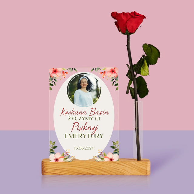 Zdjęcie i Podpis: Pięknej Emerytury - Wydruk Na Szkle Akrylowym z Różą