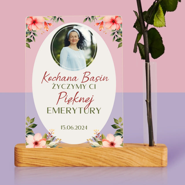 Zdjęcie i Podpis: Pięknej Emerytury - Wydruk Na Szkle Akrylowym z Różą