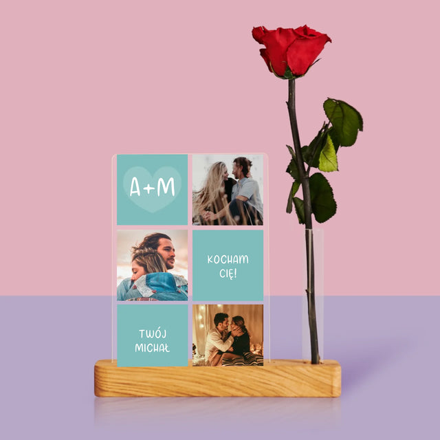 Fotokolaż: Kocham Cię Inicjały - Wydruk Na Szkle Akrylowym z Różą
