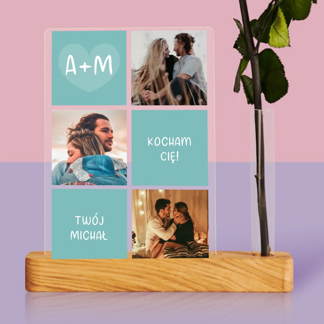 Fotokolaż: Kocham Cię Inicjały - Wydruk Na Szkle Akrylowym z Różą