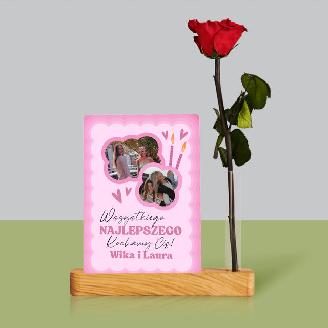 Fotokolaż: Różowe Urodziny - Wydruk Na Szkle Akrylowym z Różą
