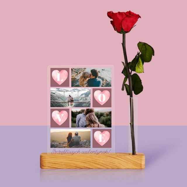 Fotokolaż: Serduszka Love - Wydruk Na Szkle Akrylowym z Różą