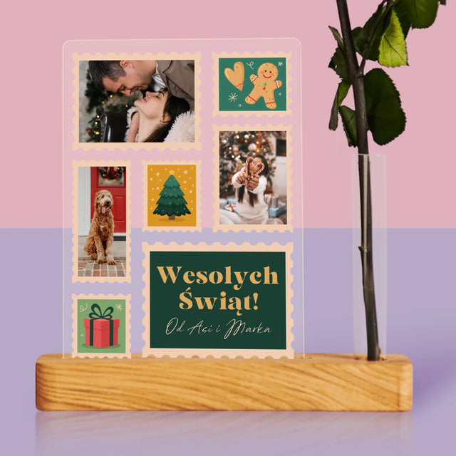Fotokolaż: Świąteczne Znaczki Pocztowe - Wydruk Na Szkle Akrylowym z Różą