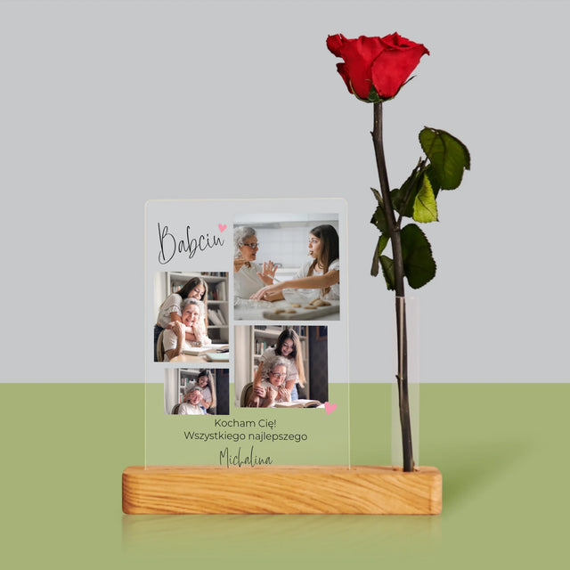 Fotokolaż: Babciu Kocham Cię - Wydruk Na Szkle Akrylowym z Różą