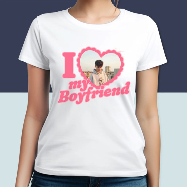 Zdjęcie i Podpis: i Love My Boyfriend - Koszulka Damska z Nadrukiem