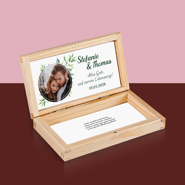 Zdjęcie i Podpis: Ślubne Listki - Drewniane Pudełko Na Pieniądze