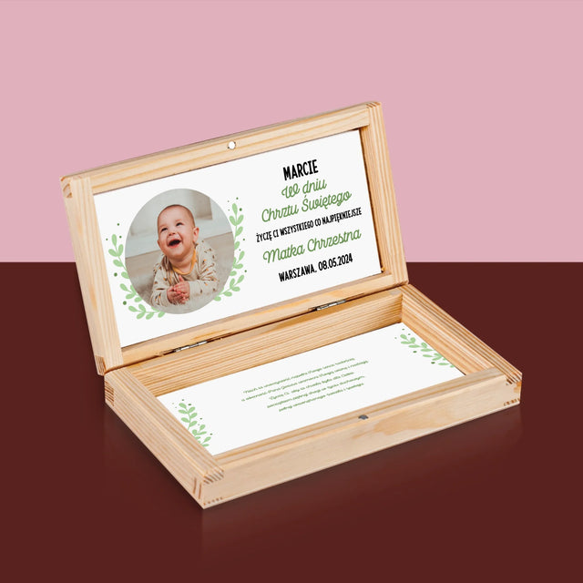 Zdjęcie i Podpis: z Okazji Chrztu Świętego - Drewniane Pudełko Na Pieniądze