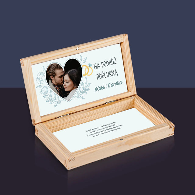 Zdjęcie i Podpis: Na Podróż Poślubną - Drewniane Pudełko Na Pieniądze