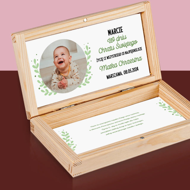Zdjęcie i Podpis: z Okazji Chrztu Świętego - Drewniane Pudełko Na Pieniądze