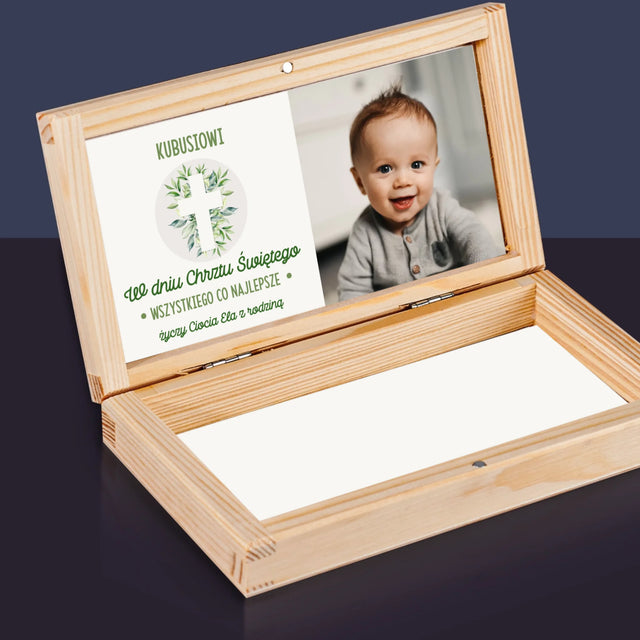 Zdjęcie i Podpis: Chrzest Święty Listki - Drewniane Pudełko Na Pieniądze