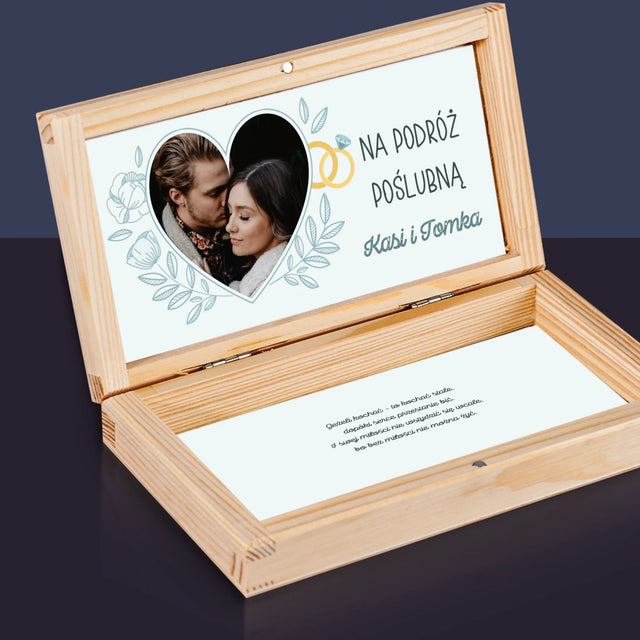Zdjęcie i Podpis: Na Podróż Poślubną - Drewniane Pudełko Na Pieniądze