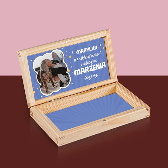 Zdjęcie i Podpis: Nie Odkładaj Marzeń - Drewniane Pudełko Na Pieniądze