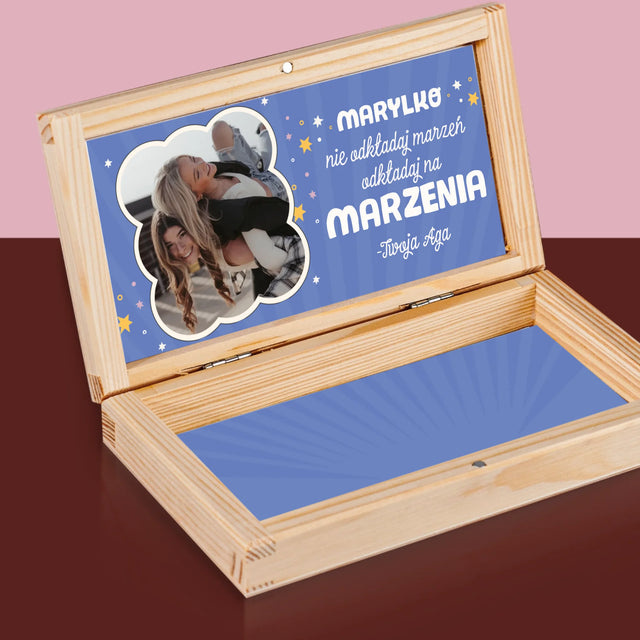 Zdjęcie i Podpis: Nie Odkładaj Marzeń - Drewniane Pudełko Na Pieniądze