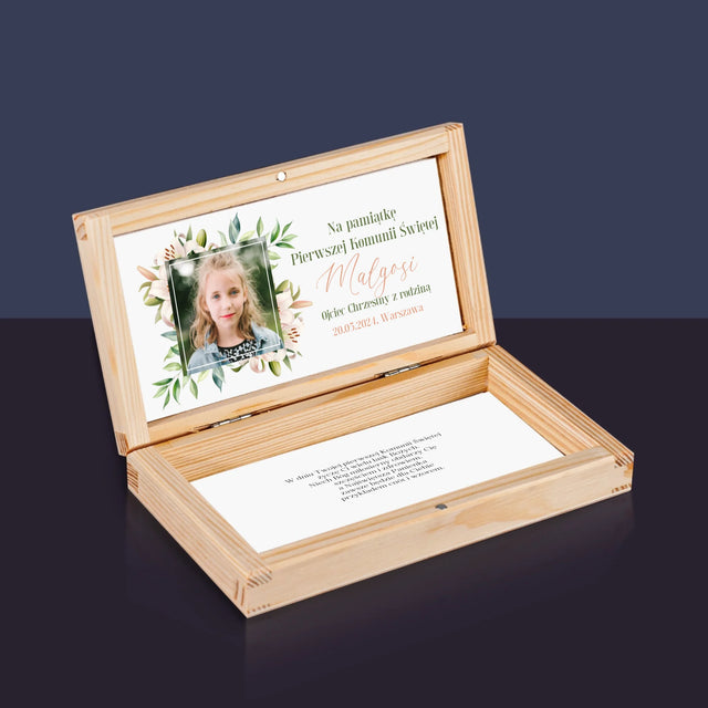 Zdjęcie i Podpis: Na Pamiątkę Pierwszej Komunii - Drewniane Pudełko Na Pieniądze