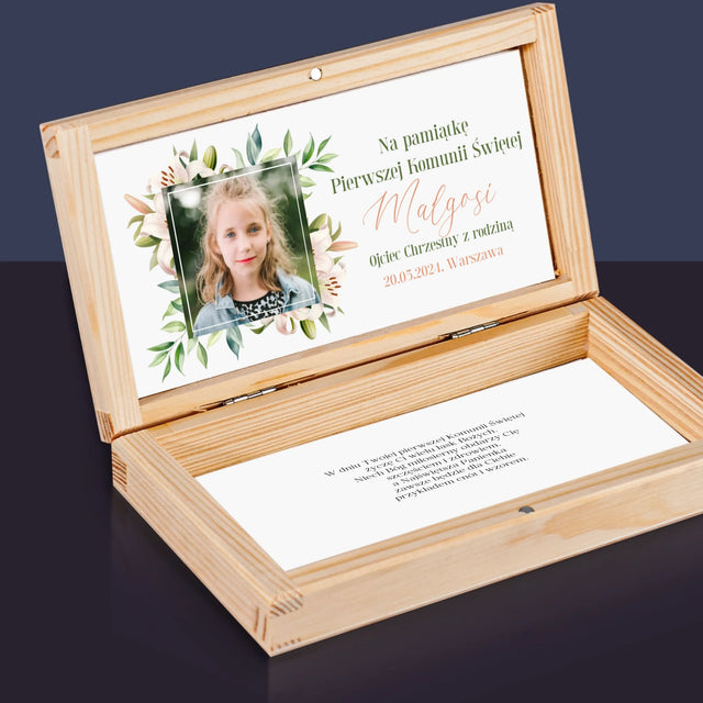 Zdjęcie i Podpis: Na Pamiątkę Pierwszej Komunii - Drewniane Pudełko Na Pieniądze