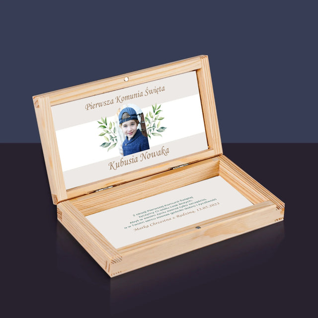 Zdjęcie i Podpis: Pierwsza Komunia Święta Życzenia - Drewniane Pudełko Na Pieniądze