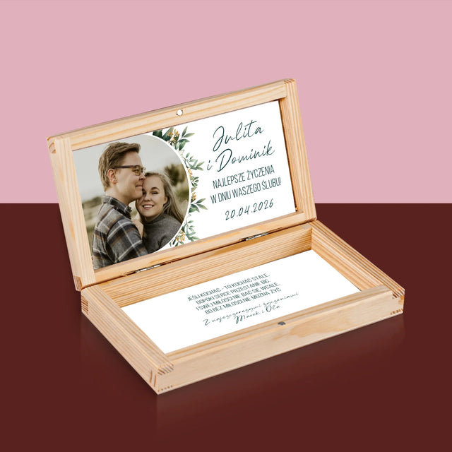 Zdjęcie i Podpis: Najlepsze Życzenia w Dniu Ślubu - Drewniane Pudełko Na Pieniądze