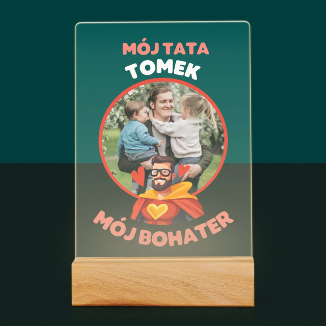 Zdjęcie i Podpis: Tata Mój Bohater - Wydruk Na Szkle Akrylowym