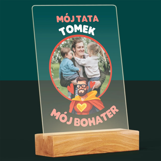 Zdjęcie i Podpis: Tata Mój Bohater - Wydruk Na Szkle Akrylowym