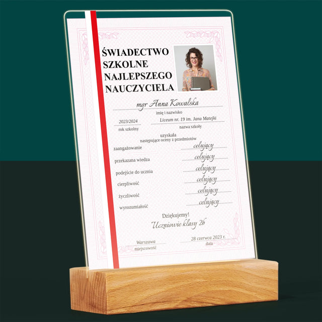 Zdjęcie I Podpis: Świadectwo Najlepszego Nauczyciela - Wydruk Na Szkle Akrylowym