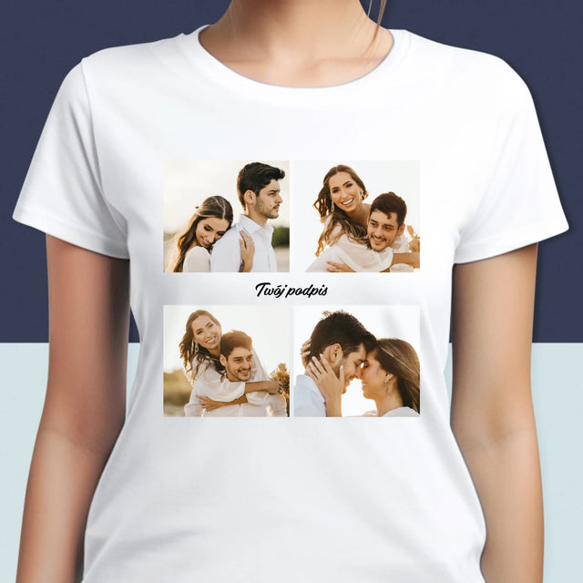 Fotokolaż: 4 Zdjęcia i Podpis - Koszulka Damska z Nadrukiem