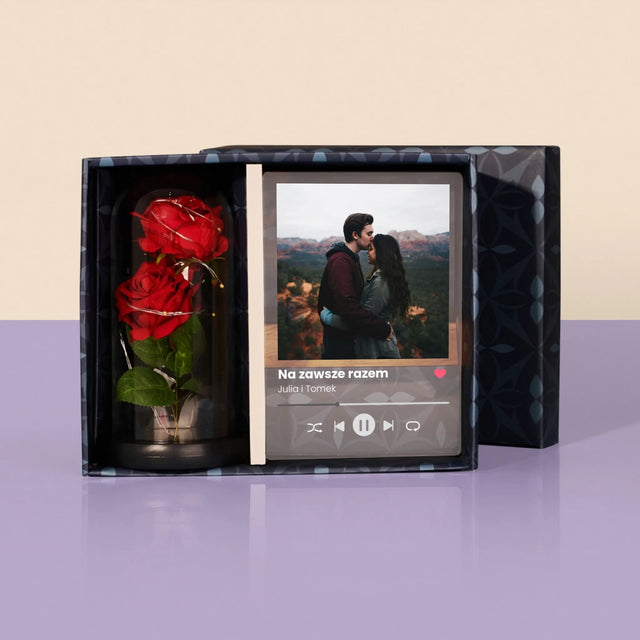 Zdjęcie i Podpis: Spotify z Twoim Zdjęciem - Zestaw Prezentowy z Wydrukiem Na Szkle i Wieczną Różą