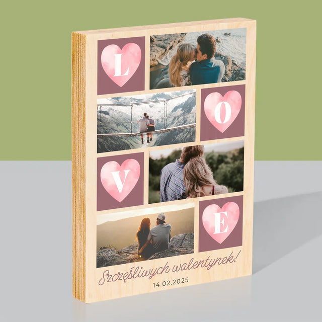 Fotokolaż: Serduszka Love - Wydruk Na Drewnie