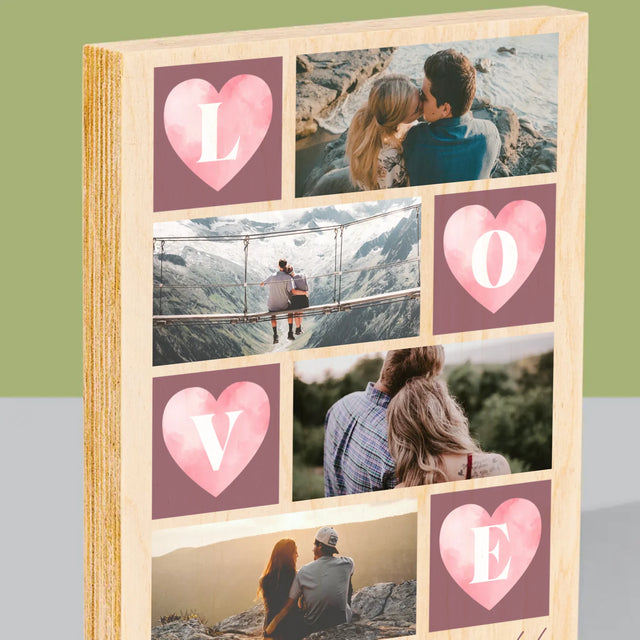 Fotokolaż: Serduszka Love - Wydruk Na Drewnie