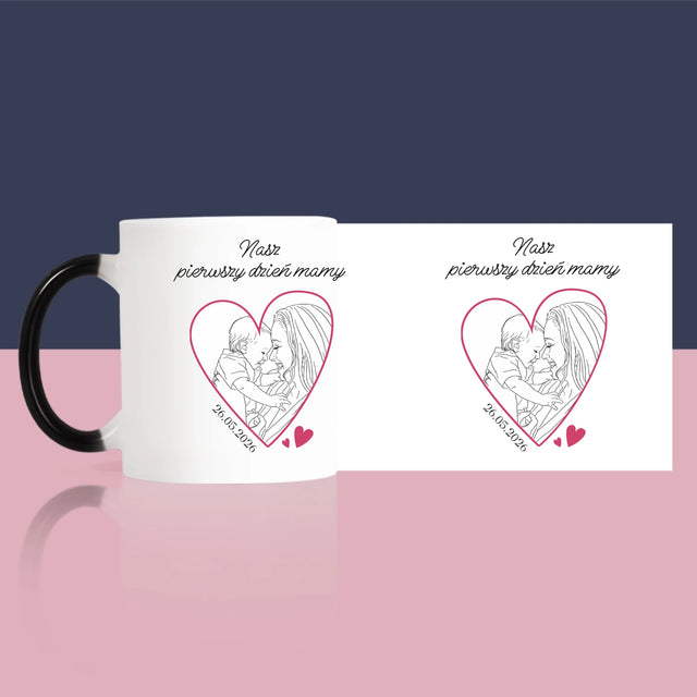 Zdjęcie i Podpis: Lineart Pierwszy Dzień Mamy - Kubek z Nadrukiem