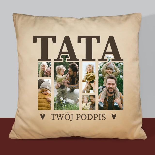 Fotokolaż: Tata z Podpisem - Poduszka z Nadrukiem