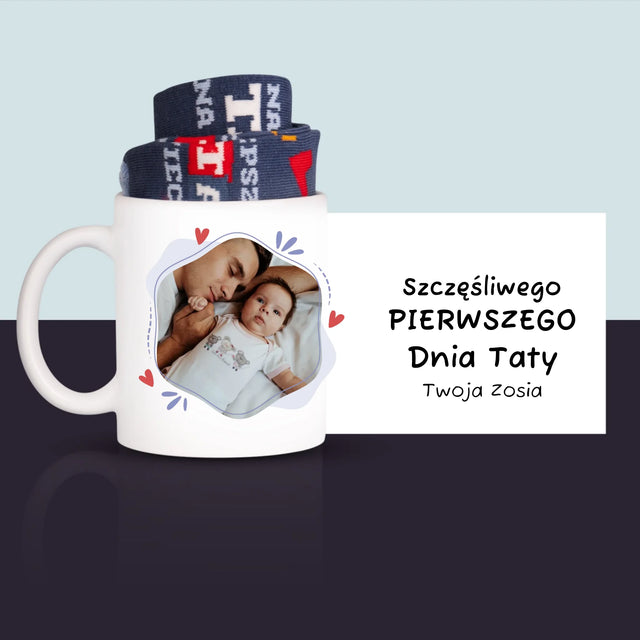 Zdjęcie i Podpis: Szczęśliwego Pierwszego Dnia Taty - Skarpetki w Kubku Dla Taty