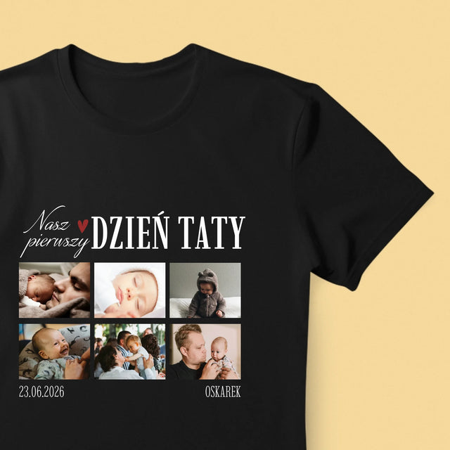 Fotokolaż: Nasz Pierwszy Dzień Taty Serce - Koszulka Męska z Nadrukiem