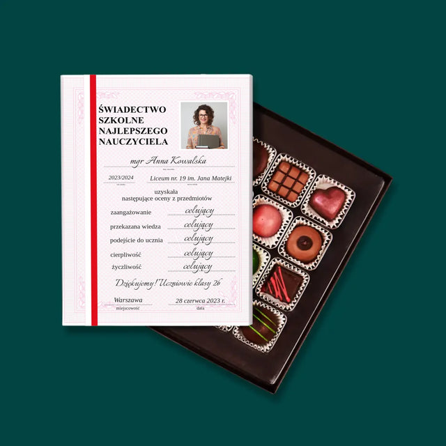 Zdjęcie i Podpis: Świadectwo Najlepszego Nauczyciela - Personalizowane Praliny