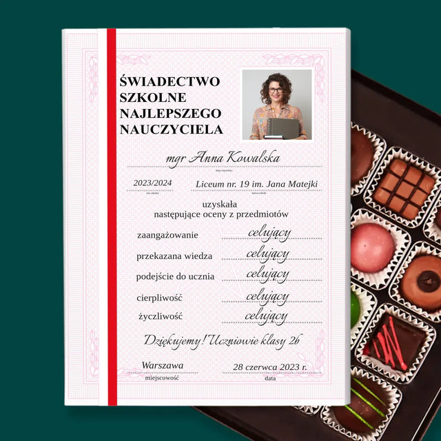 Zdjęcie i Podpis: Świadectwo Najlepszego Nauczyciela - Personalizowane Praliny