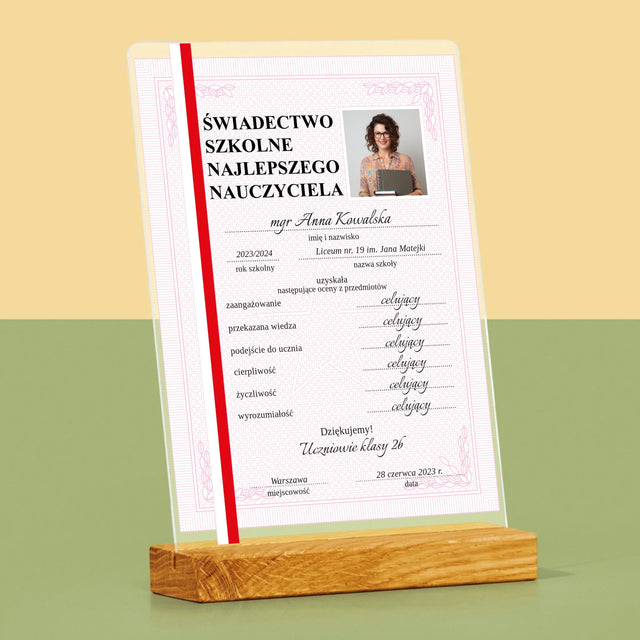 Zdjęcie I Podpis: Świadectwo Najlepszego Nauczyciela - Wydruk Na Szkle Akrylowym