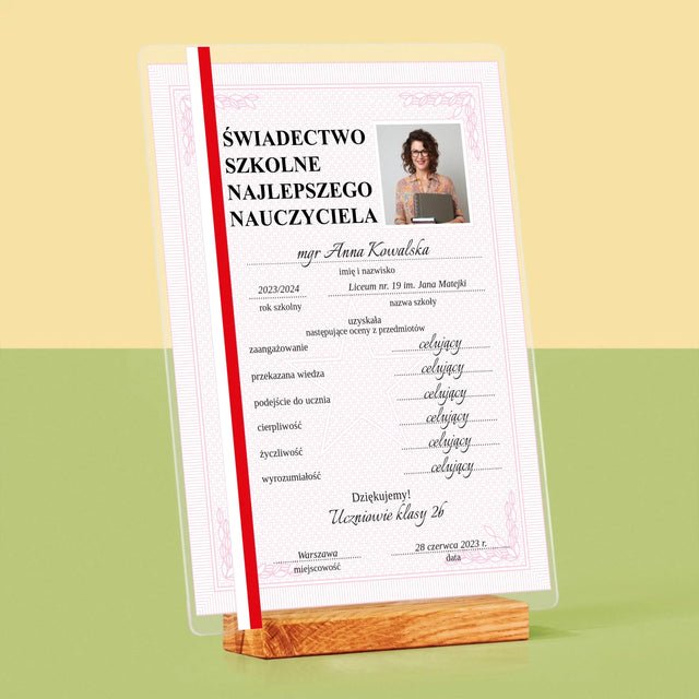Zdjęcie I Podpis: Świadectwo Najlepszego Nauczyciela - Wydruk Na Szkle Akrylowym