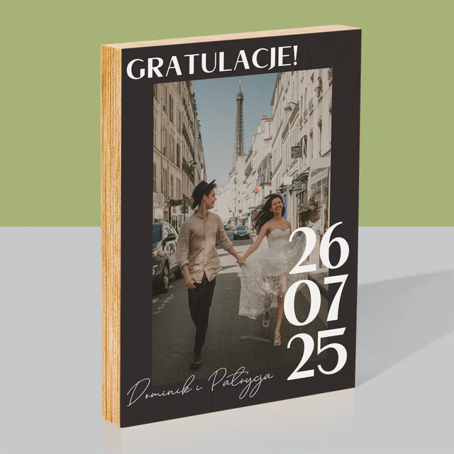Zdjęcie i Podpis: Gratulacje z Okazji Ślubu - Wydruk Na Drewnie