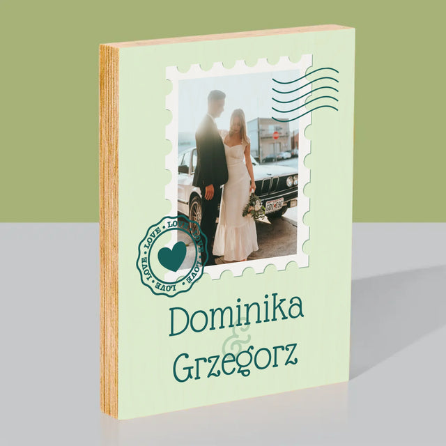 Zdjęcie i Podpis: Ślubna Pocztówka - Wydruk Na Drewnie
