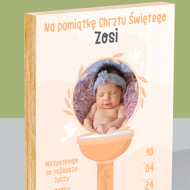 Zdjęcie i Podpis: Na Pamiątkę Chrztu Świętego - Wydruk Na Drewnie