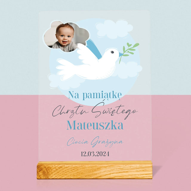 Zdjęcie i Podpis: Pamiątka Chrztu Gołąbek - Wydruk Na Szkle Akrylowym