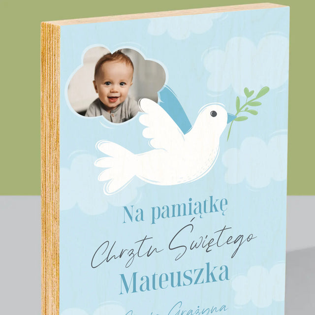 Zdjęcie i Podpis: Pamiątka Chrztu Gołąbek - Wydruk Na Drewnie