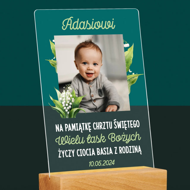 Zdjęcie i Podpis: Pamiątka Chrztu Konwalie - Wydruk Na Szkle Akrylowym