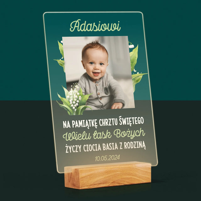 Zdjęcie i Podpis: Pamiątka Chrztu Konwalie - Wydruk Na Szkle Akrylowym