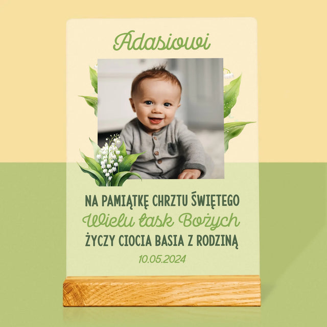 Zdjęcie i Podpis: Pamiątka Chrztu Konwalie - Wydruk Na Szkle Akrylowym