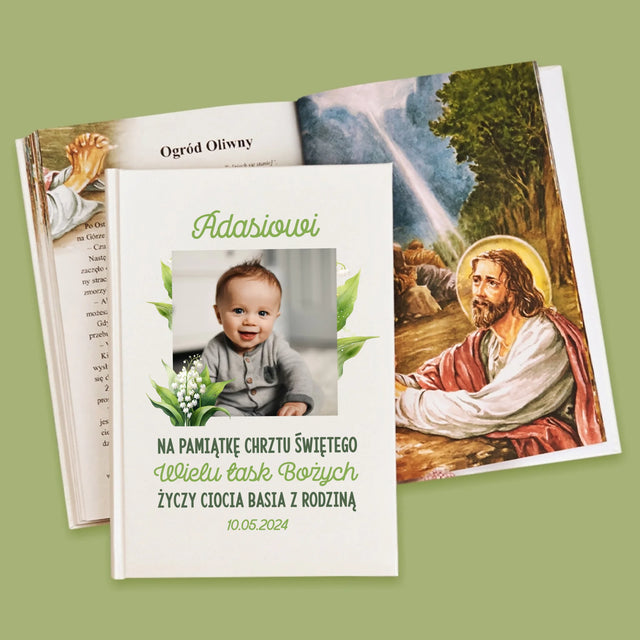 Zdjęcie i Podpis: Pamiątka Chrztu Konwalie - Biblia z Nadrukiem