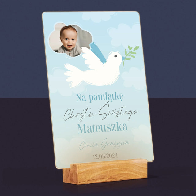 Zdjęcie i Podpis: Pamiątka Chrztu Gołąbek - Wydruk Na Szkle Akrylowym